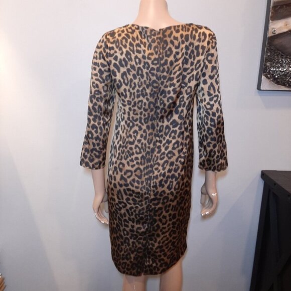 Jones New York Leopard Shift Dress Silky 3/4 Sleeve Zip Shoulder Womens Size 6 - Picture 7 of 12